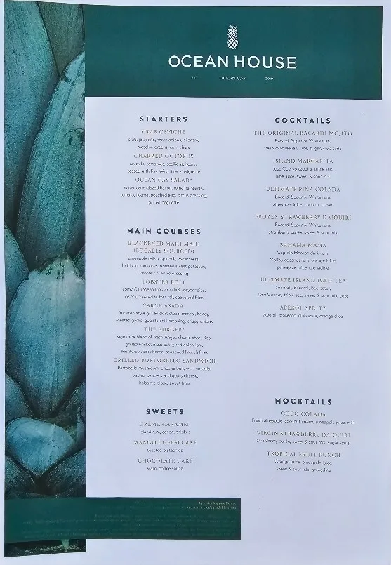 ocean cay yacht club menu