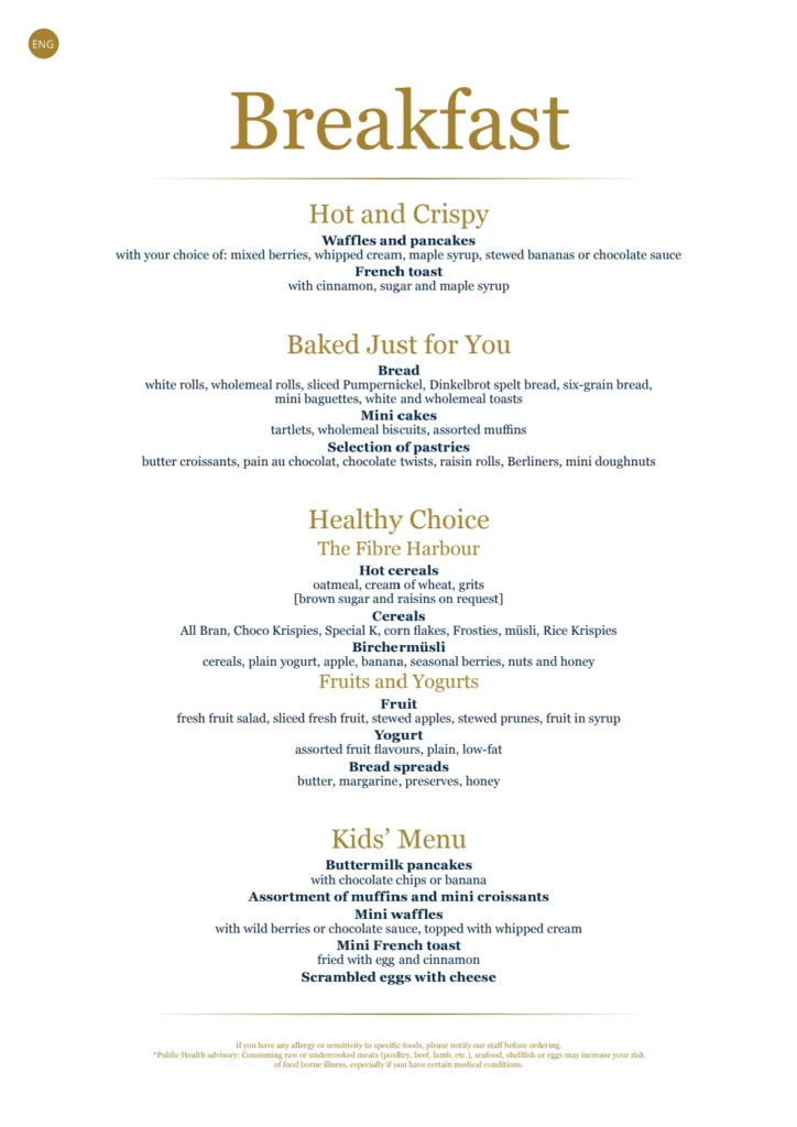 MSC Yacht Club Breakfast menu