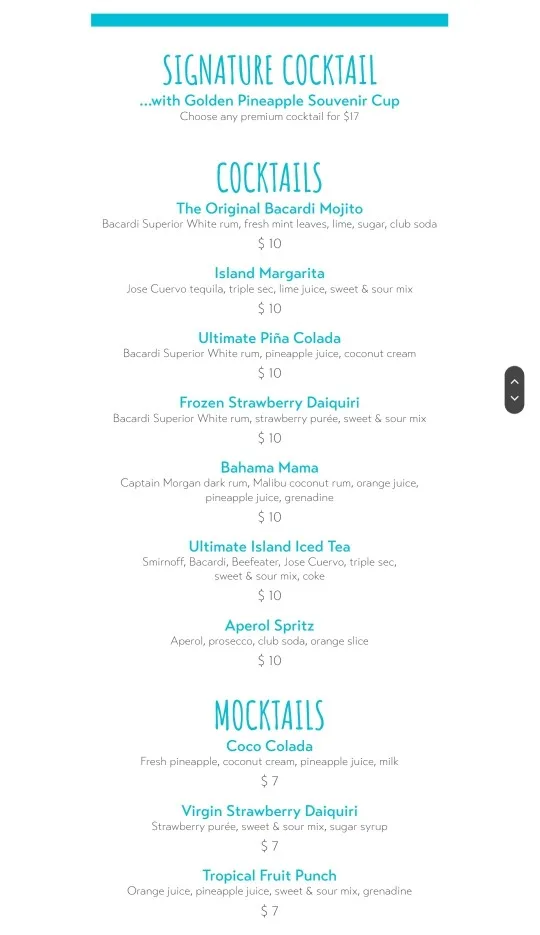 Ocean Cay bar menu